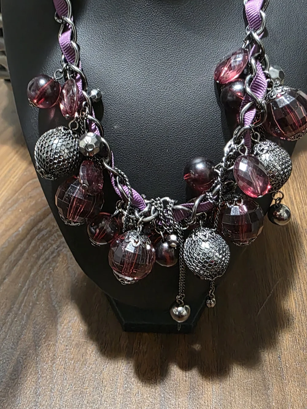 Purple Bead & Ribbon Statement Necklace